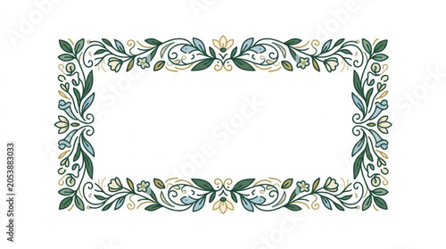 Elegant floral border with green leaves and small white flowers.