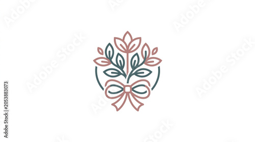 Elegant floral bouquet with ribbon emblem logo design.