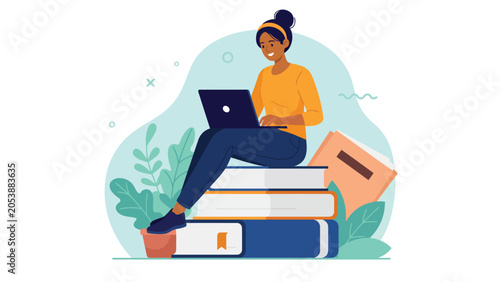 Φωτογραφία young woman studying online with laptop and books vector illustration for educat