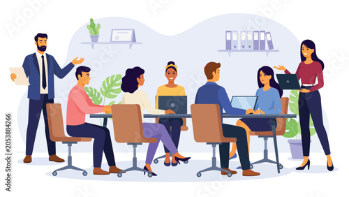 diverse business team meeting in modern office vector illustration with collaboration brainstorming and workplace discussion