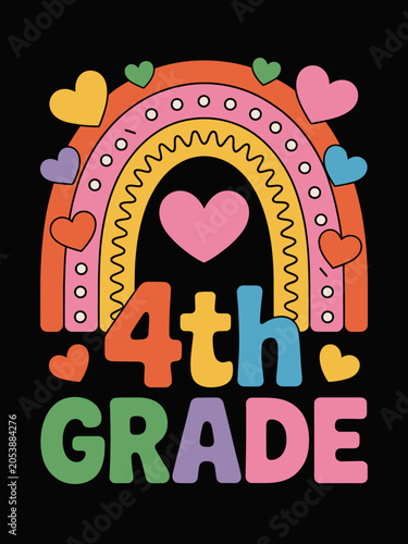 A vibrant design features a rainbow with hearts, surrounding the text '4th Grade'. The background is black, making the colors pop.