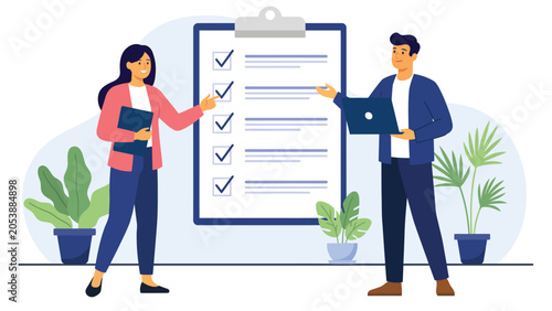 business checklist and task management vector illustration with professionals reviewing project planning workflow process