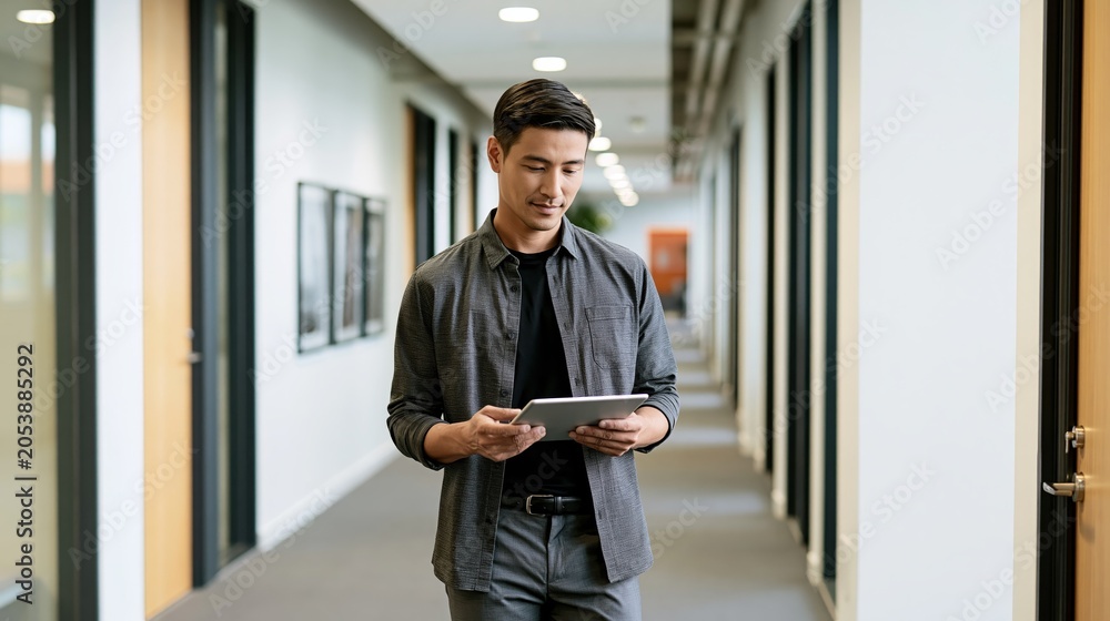 Fototapeta premium Business professional using tablet in modern office hallway corporate environment engaged perspective
