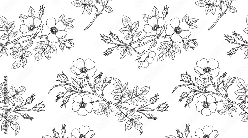 Fototapeta premium Wild rose hip branch seamless pattern botanical line art vector