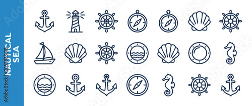 Nautical Sea Icon Set with Anchor, Lighthouse, Ship Wheel, Compass, Seashell, Sailboat, Porthole, and Seahorse. Minimalist Blue Line Art Vector Illustration for Marine and Ocean Graphic Design.
