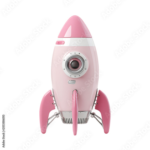  a cartoon of a pink and white rocket on white background.