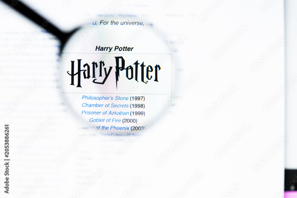 Naklejka premium Milan, Italy 2026, 20 Apr Closeup of Harry Potter Wikipedia page on a laptop screen. Harry Potter name under a magnifying glass.