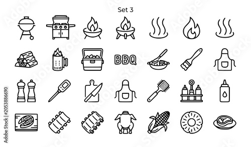 Minimal barbecue grill icons set BBQ cooking and food outline vector eps10