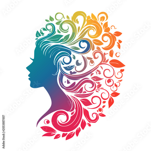 Colorful floral pattern woman silhouette profile illustration