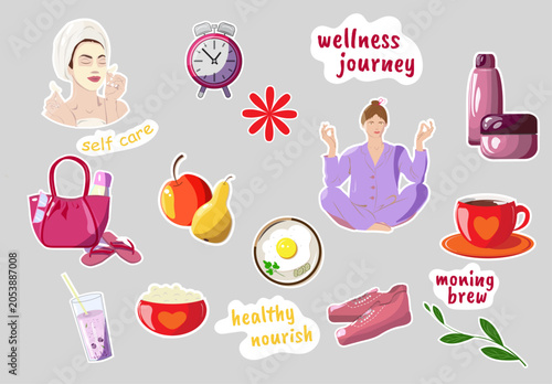 A set of flat vector  stickers on a healthy lifestyle. A cute set of vector illustrations for a diary and planner, isolated on a gray background.
