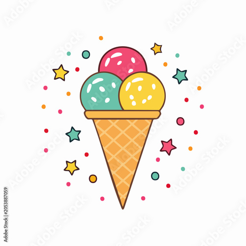 Colorful Ice Cream Cone with Confetti and Stars