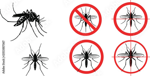 Schilderij op canvas Mosquito vector illustration set with pest control motifs, prevention icons, pro