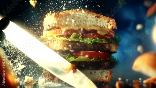 Delicious sandwich with fresh ingredients being sliced