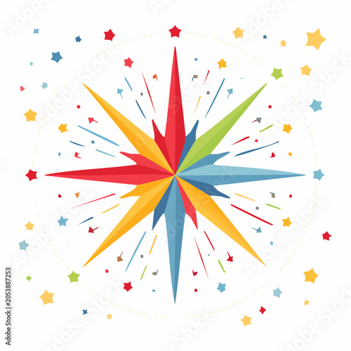 Colorful Starburst with Confetti and Stars