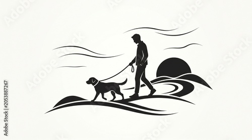 Man walking his dog through a scenic landscape at sunset is depicted in a stylized black and white illustration.