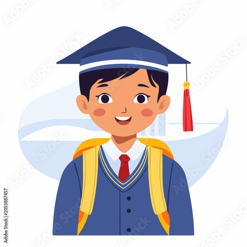 Happy Child in Graduation Cap and Gown with Backpack