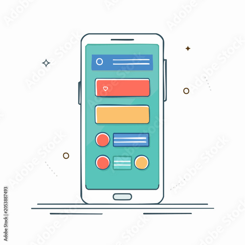 Smartphone with colorful UI elements and icons