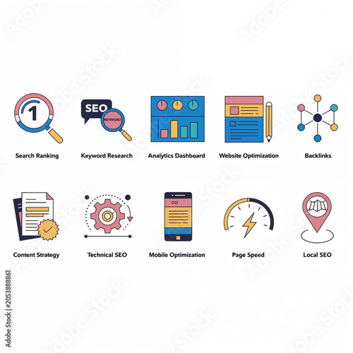 SEO and Digital Marketing Optimization Icon Set Vector