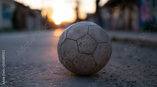 Weathered soccer ball on a quiet town road at dawn with soft golden backlight