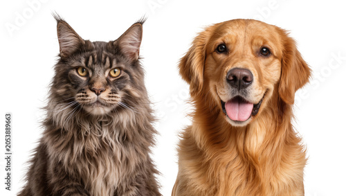 Quadro su tela Maine Coon cat and Golden Retriever dog portrait