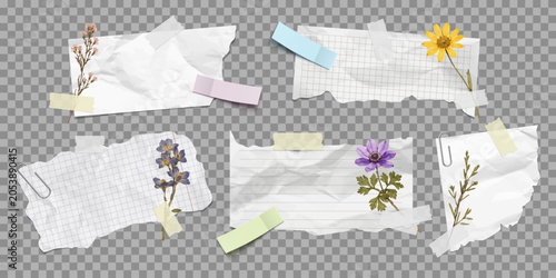 Vector trendy flowers with adhesive tape and realistic crumpled paper for collage. Modern texture for design art. y2k vintage collage set. Design template for social media posts.