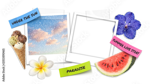 Vector trendy paper cutout summer elements and vintage empty photo frame template, stickers on transparent background. Modern collage template with stipple effect for collage, poster, banner, cover de