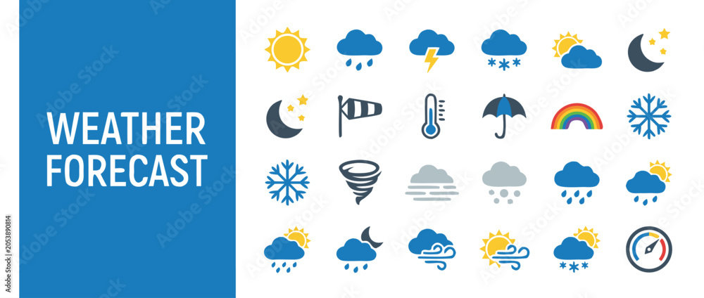 Naklejka premium Comprehensive Weather Forecast Icon Set Featuring Sun, Rain, Snow, Storm, Wind, Moon, Thermometer, Umbrella, Rainbow, and Clouds. Flat Vector Illustration for Meteorology Apps and Websites.