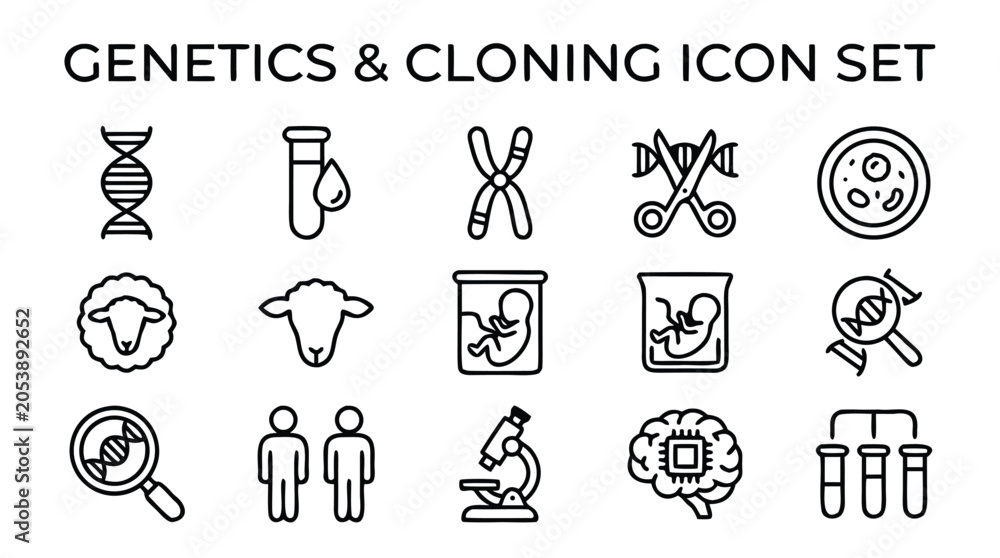 Fototapeta premium Professional Set of Genetics and Cloning Line Icons Illustrating DNA Strands, Lab Equipment, Molecules, and Biological Research Symbols for Scientific, Medical, and Healthcare Industry Concepts.