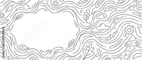 Panoramic Vector Banner Illustration of a Clean Line Art Pattern Background with Wavy Lines, Leaves, Gears, and Clouds, Minimalist Hand Drawn Doodle Design with Central Copy Space for Text