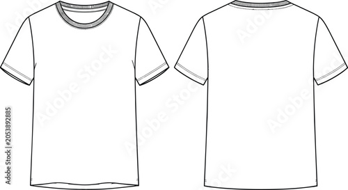 Schilderij op canvas Plain short-sleeve T-shirt technical drawing front and back view with seam, neck