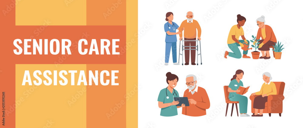 Fototapeta premium Senior Care Assistance Banner with Flat Vector Illustrations of Professional Caregivers Helping Elderly People with Mobility, Gardening, Digital Technology, and Reading at Home or Clinic.