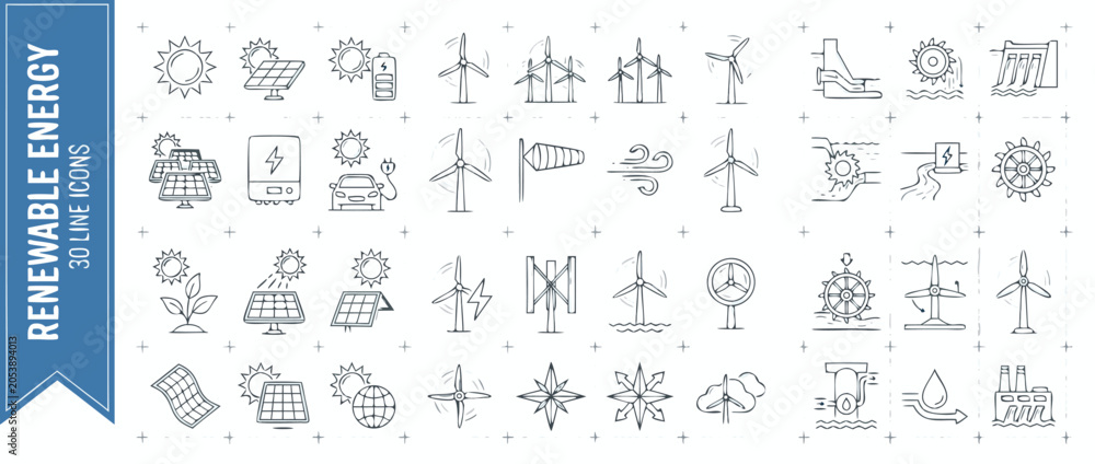 Naklejka premium Comprehensive Set of 30 Renewable Energy Line Icons Including Solar Panels, Wind Turbines, Hydroelectric Power, Electric Vehicles, and Green Technology Symbols for Sustainable Energy Solutions.