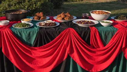 Juneteenth celebration table featuring soul food delicacies with red green and black fabric gracefully draped to honor African American heritage in a photorealistic and festive setting.