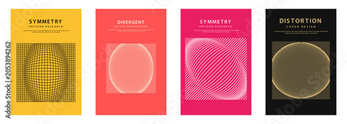 Set of modern abstract poster templates with 3D distorted sphere grids, optical line patterns, and bold typography vector