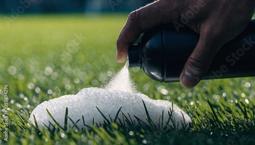 Closeup view of a soccer referee applying vanishing white spray foam to mark the grass before a free kick, with vivid green turf and soft stadium bokeh in bright daylight