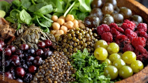 Assortment of nutrient-dense whole foods artfully arranged in a circular container