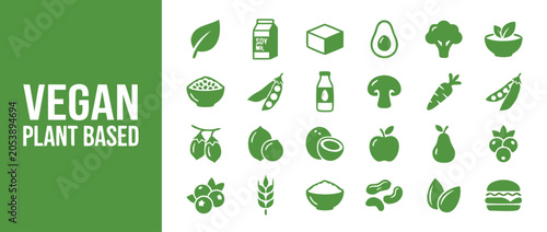 Vegan and Plant Based Food Icon Set Featuring Green Flat Vector Illustrations of Vegetables, Fruits, Grains, Legumes, Soy Milk, Tofu, and Healthy Organic Ingredients for Vegetarian Diet Design.