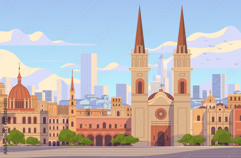 Obraz premium Guadalajara city skyline Mexico tourism landmarks cathedral colonial architecture modern buildings trees mountains urban landscape banner