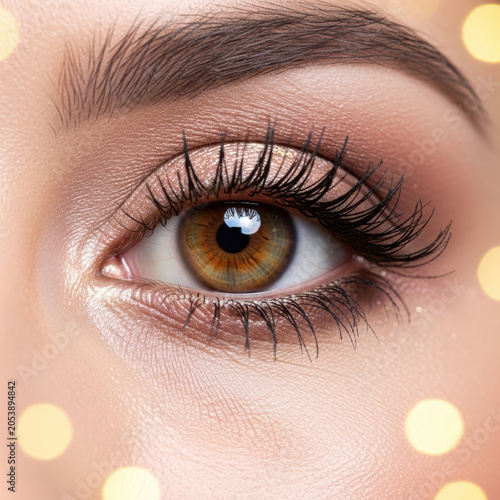 Close up shot of a beautiful human eye with sparkly golden eyeshadow makeup and long lashes in a festive party mood
