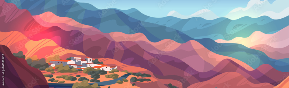 Naklejka premium Northwest Argentina mountains colorful landscape village hills scenic layered peaks vibrant sky rural houses nature travel destination