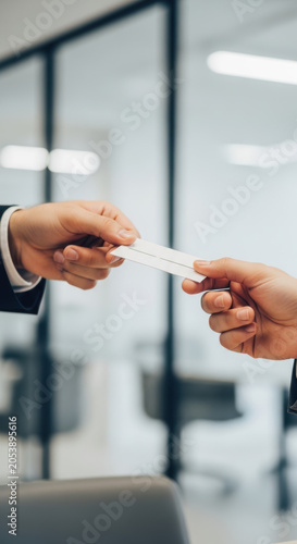 Business person handing a professional business card to another partner in a bright modern office meeting room setting