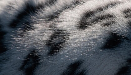 Extreme macro close-up of a wild snow leopard's thick fur coat, showing highly detailed animal print texture in white and grey tones, photorealistic wildlife photography background material.