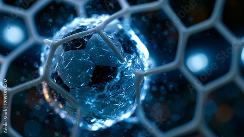 Soccer ball caught in the net at the moment of a goal under dramatic blue light