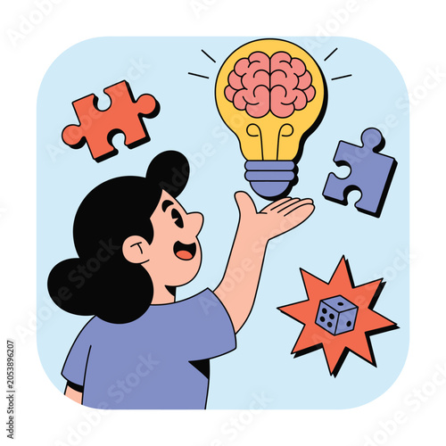 Woman brainstorming creative ideas with lightbulb brain and puzzles