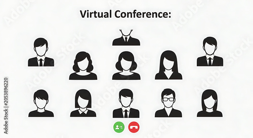 Virtual conference interface shows multiple human avatars participating in a group video call.