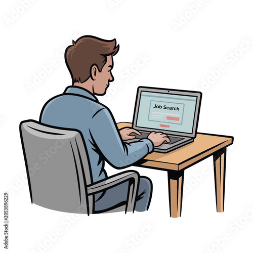 Man searching for a job online using a laptop at his desk with computer