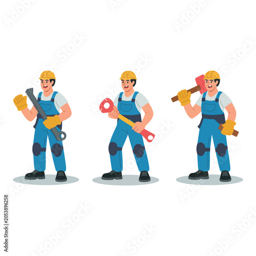 Set of construction worker character in various poses with tools
