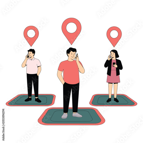 People standing on map location pins using mobile phones for navigation