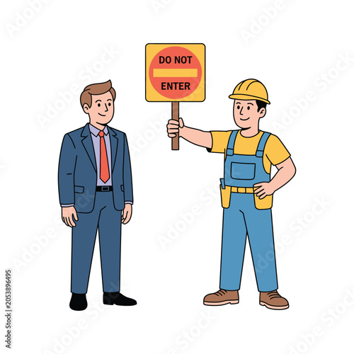 Business man stopped by construction worker with do not enter sign