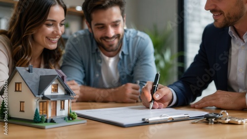 Happy couple signing home purchase agreement with real estate agent and house model on table